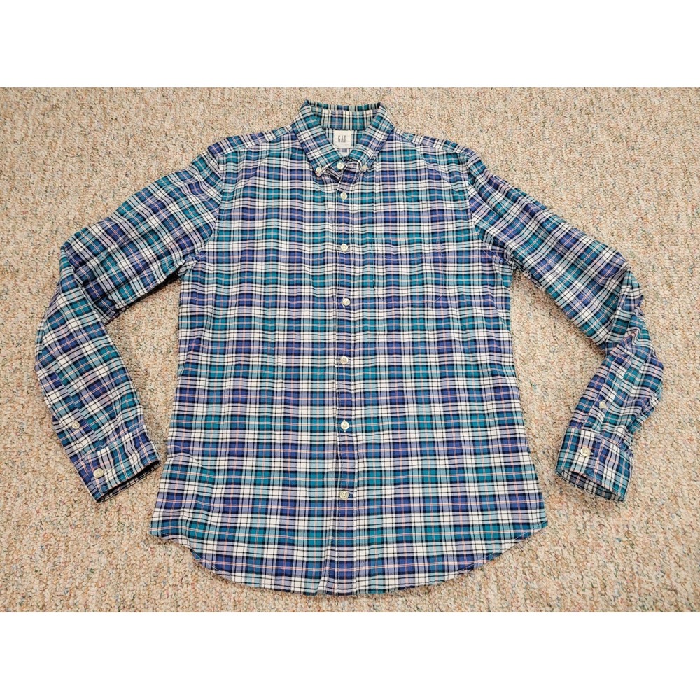GAP Shirt Medium Blue Plaid Slim Fit Button Down Mens Casual Long Sleeve